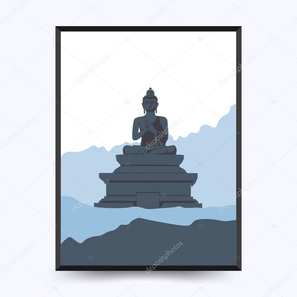 Travel poster post card vintage template. Limited colors, no gradients. Vector illustration. Buddha statue, Ravangla, Sikkim, India