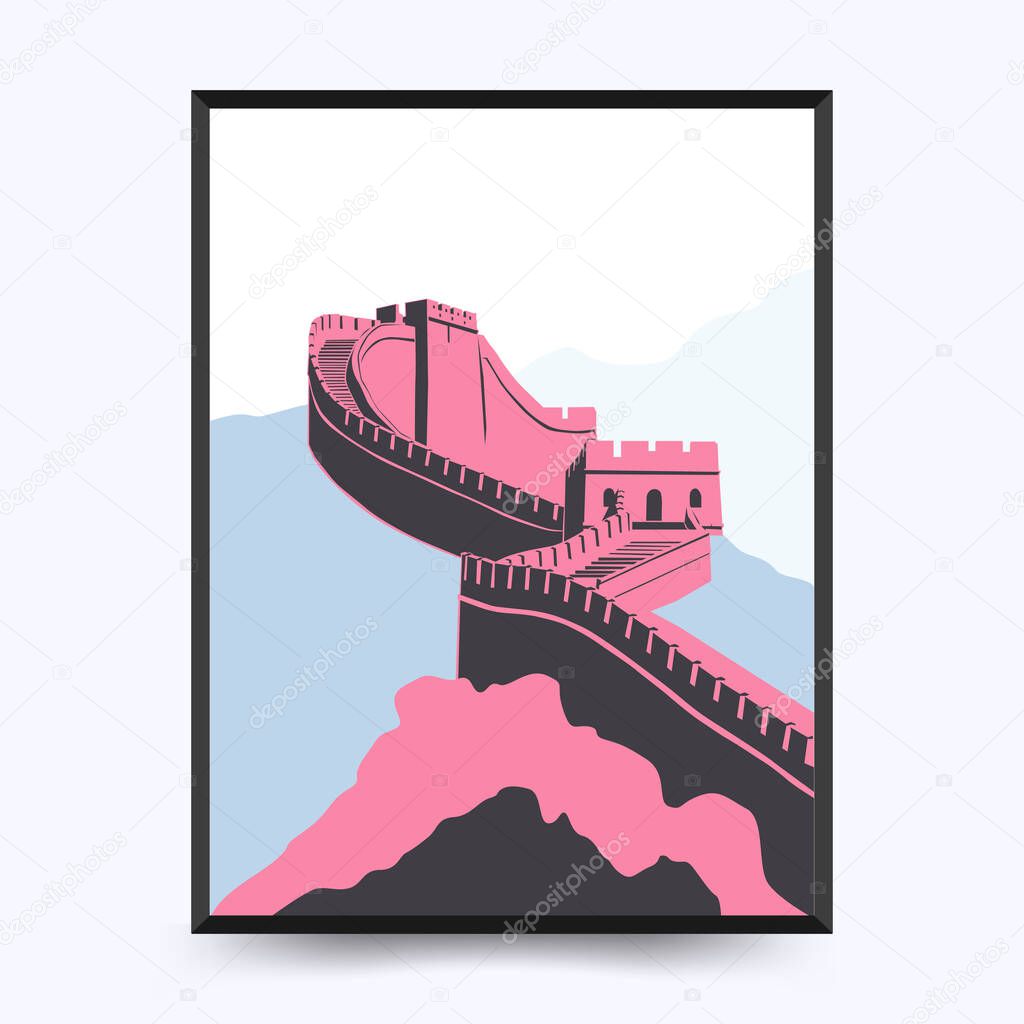 Travel poster post card vintage template. Limited colors, no gradients. Vector illustration. Great Wall of China,  China
