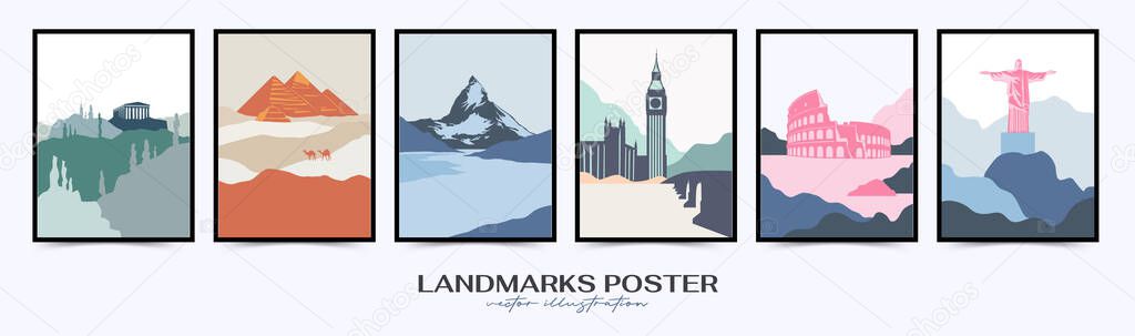 Travel poster post card vintage template. Limited colors, no gradients. Vector illustration. 