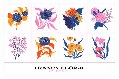 Botanik bahçesi çiçekleri. Renkli düz vektör çizimi. Soyut modern trend vektör illüstrasyonu. Posterler, instagram yazıları ve çıkartmalar için mükemmel..