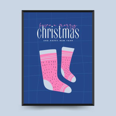 Elle çizilmiş Noel ve Yeni Yıl tebrik kartı veya el yazması dekoratif unsurları olan poster.