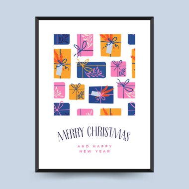 Elle çizilmiş Noel ve Yeni Yıl tebrik kartı veya el yazması dekoratif unsurları olan poster.