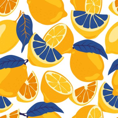 Limon. Elle çizilmiş tropikal meyvesiz desen. Renkli yaz kumaşı için vejetaryen gıda vektörü arka planı tekrarla.