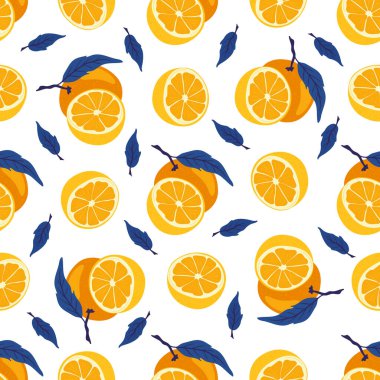 Turuncu. Elle çizilmiş tropikal meyvesiz desen. Renkli yaz kumaşı için vejetaryen gıda vektörü arka planı tekrarla.