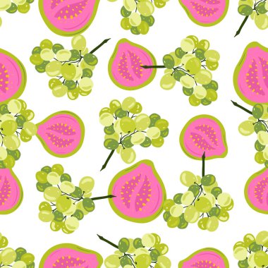 Guava. Elle çizilmiş tropikal meyvesiz desen. Renkli yaz kumaşı için vejetaryen gıda vektörü arka planı tekrarla.