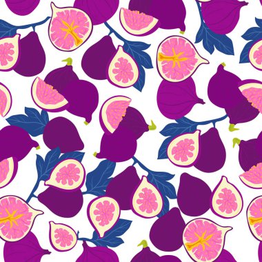 İncir. Elle çizilmiş tropikal meyvesiz desen. Renkli yaz kumaşı için vejetaryen gıda vektörü arka planı tekrarla.