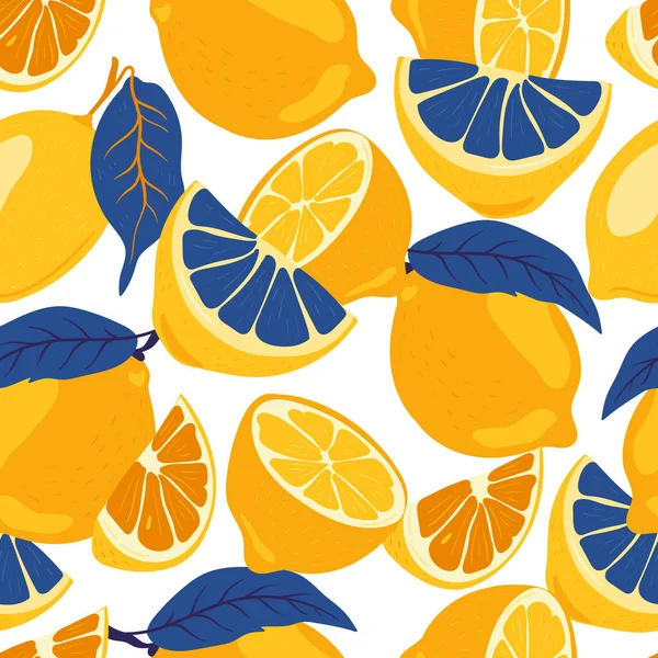 Limon. Elle çizilmiş tropikal meyvesiz desen. Renkli yaz kumaşı için vejetaryen gıda vektörü arka planı tekrarla.