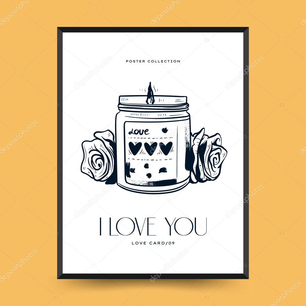 Modern Valentine's day vertical flyer or poster template. Love hand drawn trendy illustration.