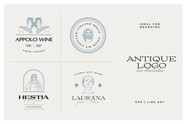 Antik Yunan klasik heykelleri vektör logosu seti. Modern dövme ve logotip.