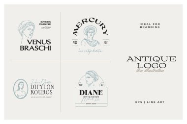 Antik Yunan klasik heykelleri vektör logosu seti. Modern dövme ve logotip.