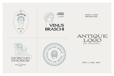 Antik Yunan klasik heykelleri vektör logosu seti. Modern dövme ve logotip.