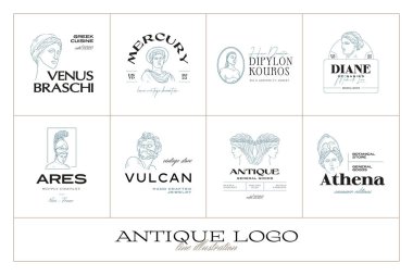 Antik Yunan klasik heykelleri vektör logosu seti. Modern dövme ve logotip.