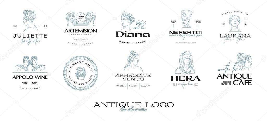 Antique Greek classic statues vector logo set. Modern tattoo and logotip.