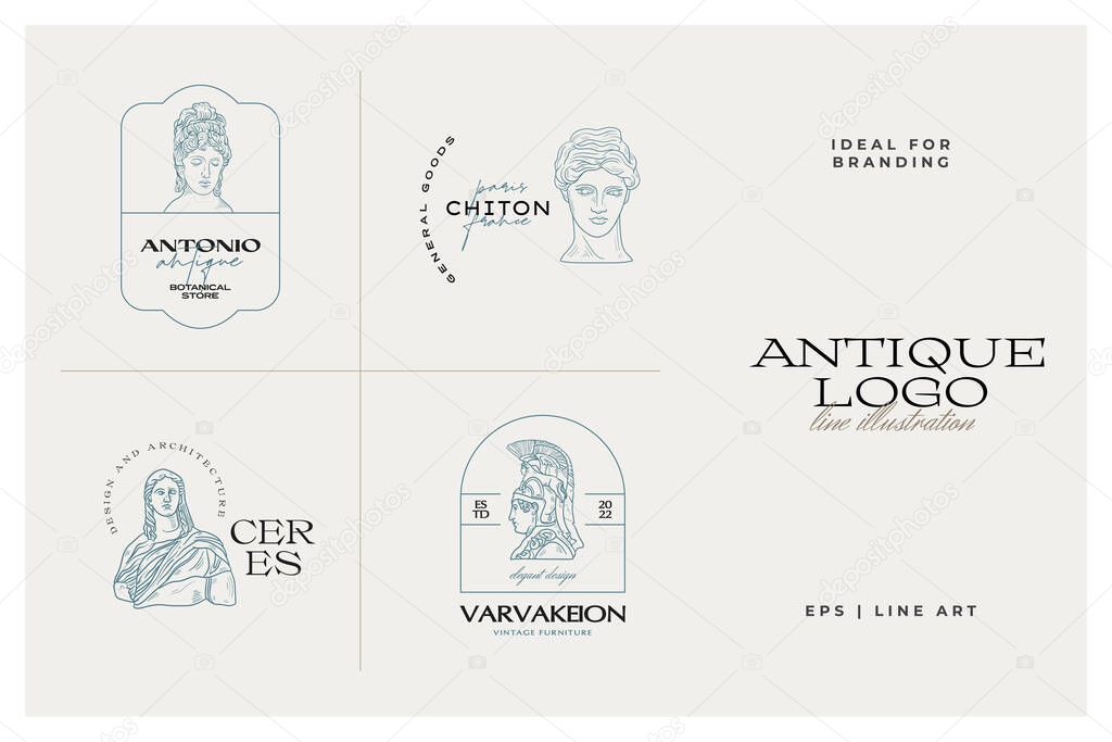 Antique Greek classic statues vector logo set. Modern tattoo and logotip.
