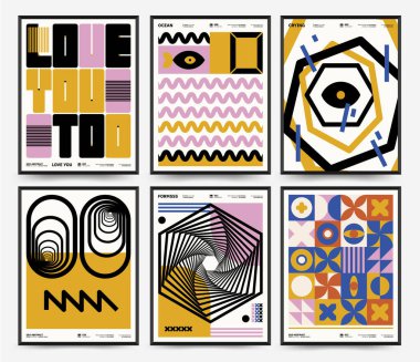 Soyut sanat posterleri koleksiyonu. İlkel şekilli vektör şablonu, modern hipster tarzı. Basit şekillerin çizimleri, çizgi, çember.