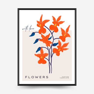 Soyut çiçek posterleri şablonu. Modern trend Matisse minimal tarzı. Pembe ve mavi renkler. Duvar kağıdı, duvar dekoru, baskı, kartpostal, kapak, şablon, pankart için el çizimi tasarımı. 