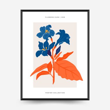 Soyut çiçek posterleri şablonu. Modern trend Matisse minimal tarzı. Pembe ve mavi renkler. Duvar kağıdı, duvar dekoru, baskı, kartpostal, kapak, şablon, pankart için el çizimi tasarımı. 