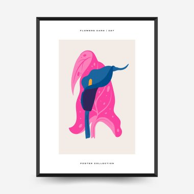 Soyut çiçek posterleri şablonu. Modern trend Matisse minimal tarzı. Pembe ve mavi renkler. Duvar kağıdı, duvar dekoru, baskı, kartpostal, kapak, şablon, pankart için el çizimi tasarımı. 