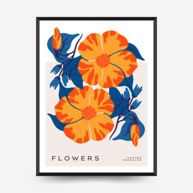 Soyut çiçek posterleri şablonu. Modern trend Matisse minimal tarzı. Pembe ve mavi renkler. Duvar kağıdı, duvar dekoru, baskı, kartpostal, kapak, şablon, pankart için el çizimi tasarımı. 