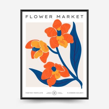 Soyut çiçek posterleri şablonu. Modern trend Matisse minimal tarzı. Pembe ve mavi renkler. Duvar kağıdı, duvar dekoru, baskı, kartpostal, kapak, şablon, pankart için el çizimi tasarımı. 