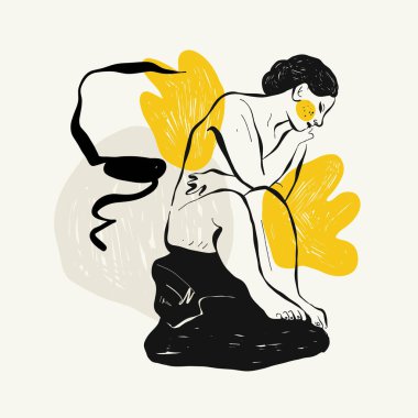 Antika heykeller. Modern kart, duvar sanatı. Sarı ve siyah şekilli. Satır sanatı.