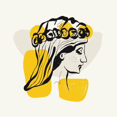 Antika heykeller. Modern kart, duvar sanatı. Sarı ve siyah şekilli. Satır sanatı.