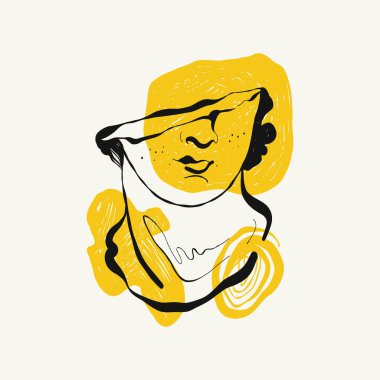 Antik tanrıça heykellerinin başlarının doğrusal çizimleri ve oyma tarzında mitolojik tanrı. Kafasında büyüyen dalla yaratıcı asgari doğrusal kadın vektörü.