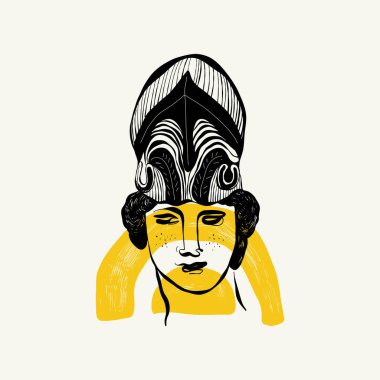 Antik tanrıça heykellerinin başlarının doğrusal çizimleri ve oyma tarzında mitolojik tanrı. Kafasında büyüyen dalla yaratıcı asgari doğrusal kadın vektörü.