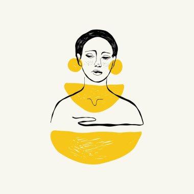 Antik tanrıça heykellerinin başlarının doğrusal çizimleri ve oyma tarzında mitolojik tanrı. Kafasında büyüyen dalla yaratıcı asgari doğrusal kadın vektörü.