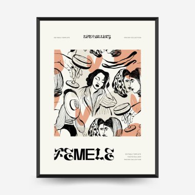 İnce çizgileri, çiçek desenleri, bitkileri ve kadını olan soyut minimalist estetik kadınlar. Renkli poster şablonu. Klasik boho tarzı.