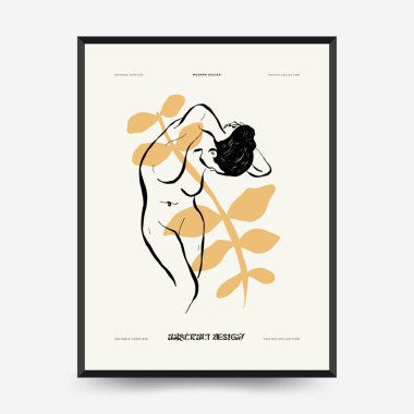İnce çizgileri, çiçek desenleri, bitkileri ve kadını olan soyut minimalist estetik kadınlar. Renkli poster şablonu. Klasik boho tarzı.