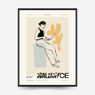 İnce çizgileri, çiçek desenleri, bitkileri ve kadını olan soyut minimalist estetik kadınlar. Renkli poster şablonu. Klasik boho tarzı.