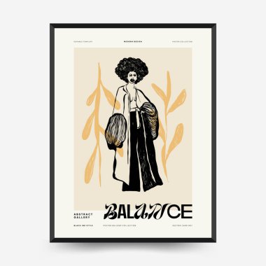 İnce çizgileri, çiçek desenleri, bitkileri ve kadını olan soyut minimalist estetik kadınlar. Renkli poster şablonu. Klasik boho tarzı.