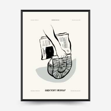 İnce çizgileri, çiçek desenleri, bitkileri ve kadını olan soyut minimalist estetik kadınlar. Renkli poster şablonu. Klasik boho tarzı.