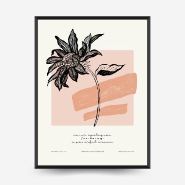 İnce çizgileri, çiçek desenleri, bitkileri ve kadını olan soyut minimalist estetik kadınlar. Renkli poster şablonu. Klasik boho tarzı.