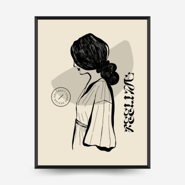 Abstract minimalist aesthetic womens with thin lines, floral patterns, plants, woman. Trendy colorful poster template. Vintage boho style.