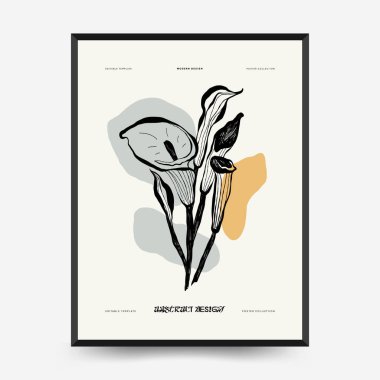 Abstract minimalist aesthetic womens with thin lines, floral patterns, plants, woman. Trendy colorful poster template. Vintage boho style.