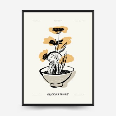 İnce çizgileri, çiçek desenleri, bitkileri ve kadını olan soyut minimalist estetik kadınlar. Renkli poster şablonu. Klasik boho tarzı.