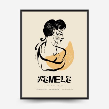 İnce çizgileri, çiçek desenleri, bitkileri ve kadını olan soyut minimalist estetik kadınlar. Renkli poster şablonu. Klasik boho tarzı.