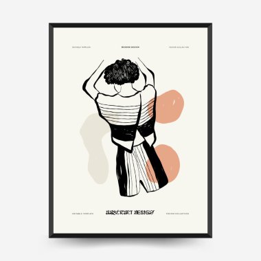 İnce çizgileri, çiçek desenleri, bitkileri ve kadını olan soyut minimalist estetik kadınlar. Renkli poster şablonu. Klasik boho tarzı.