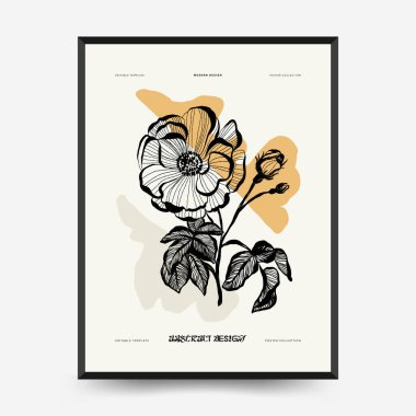 İnce çizgileri, çiçek desenleri, bitkileri ve kadını olan soyut minimalist estetik kadınlar. Renkli poster şablonu. Klasik boho tarzı.