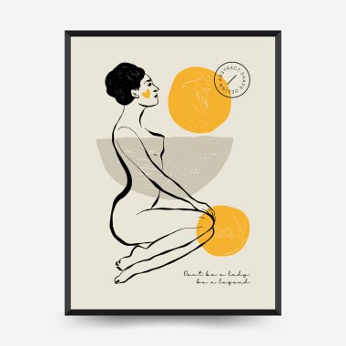 İnce çizgileri, çiçek desenleri, bitkileri ve kadını olan soyut minimalist estetik kadınlar. Renkli poster şablonu. Klasik boho tarzı.