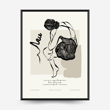 İnce çizgileri, çiçek desenleri, bitkileri ve kadını olan soyut minimalist estetik kadınlar. Renkli poster şablonu. Klasik boho tarzı.