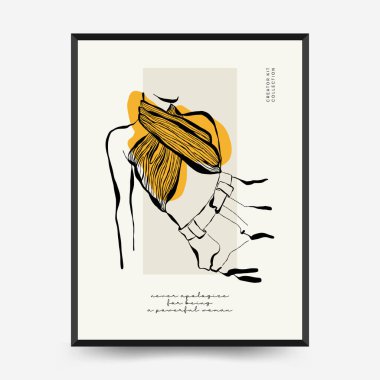 İnce çizgileri, çiçek desenleri, bitkileri ve kadını olan soyut minimalist estetik kadınlar. Renkli poster şablonu. Klasik boho tarzı.