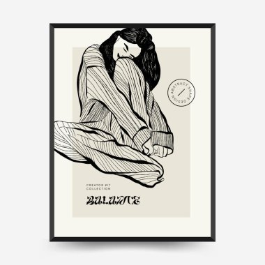 İnce çizgileri, çiçek desenleri, bitkileri ve kadını olan soyut minimalist estetik kadınlar. Renkli poster şablonu. Klasik boho tarzı.