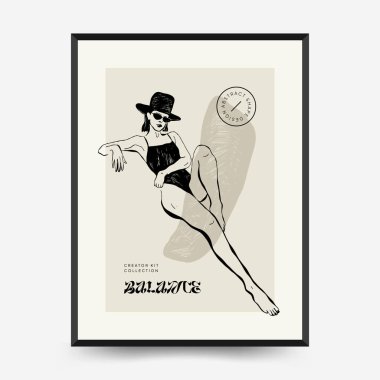 İnce çizgileri, çiçek desenleri, bitkileri ve kadını olan soyut minimalist estetik kadınlar. Renkli poster şablonu. Klasik boho tarzı.