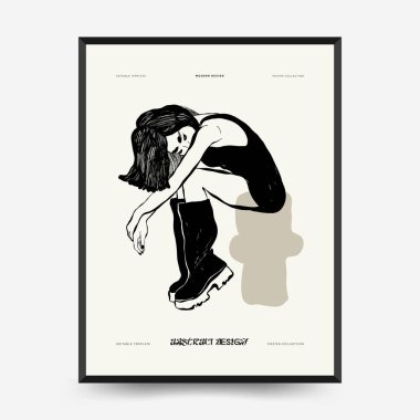 İnce çizgileri, çiçek desenleri, bitkileri ve kadını olan soyut minimalist estetik kadınlar. Renkli poster şablonu. Klasik boho tarzı.