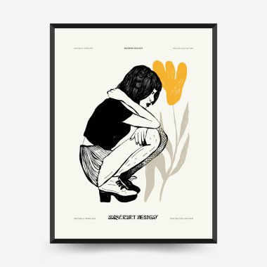İnce çizgileri, çiçek desenleri, bitkileri ve kadını olan soyut minimalist estetik kadınlar. Renkli poster şablonu. Klasik boho tarzı.