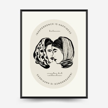 Abstract minimalist aesthetic women with thin lines, floral patterns, plants, woman. Trendy colorful poster template. Vintage boho style.