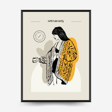 İnce çizgileri, çiçek desenleri, bitkileri ve kadını olan soyut minimalist estetik kadınlar. Renkli poster şablonu. Klasik boho tarzı.